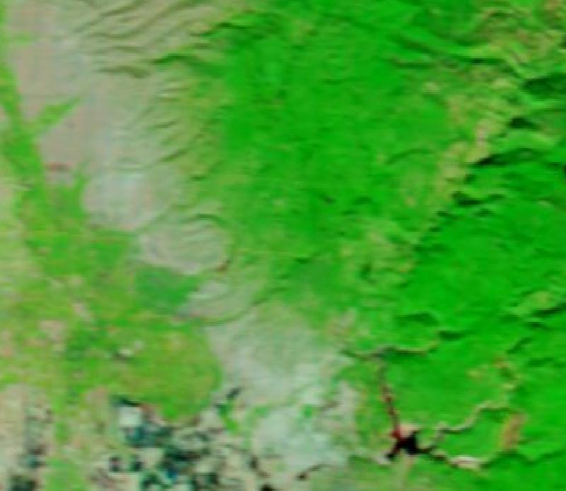 Satellite image of Paradise and the Sierra Nevada foothills east of Chico, California, United States on 6 Nov 2018, before the event, in false colour (MODIS bands 7-2-1).