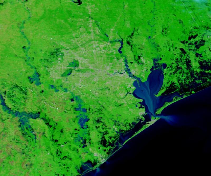 Satellite image of Houston and the Texas coast around Galveston Bay, United States on 31 Aug 2017, after the event.