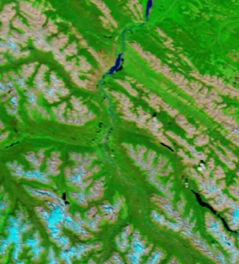 Satellite image of Jasper National Park and the Jasper townsite, Alberta, Canada on 10 Jul 2024, before the event, in false colour (MODIS bands 7-2-1).