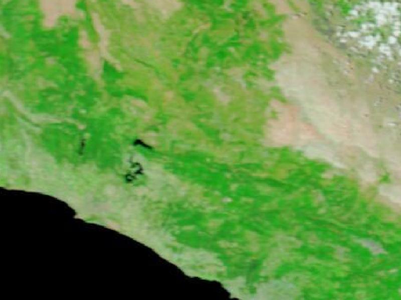 Satellite image of The hills inland of Manavgat, Antalya province, Türkiye on 27 Jul 2021, before the event, in false colour (MODIS bands 7-2-1).