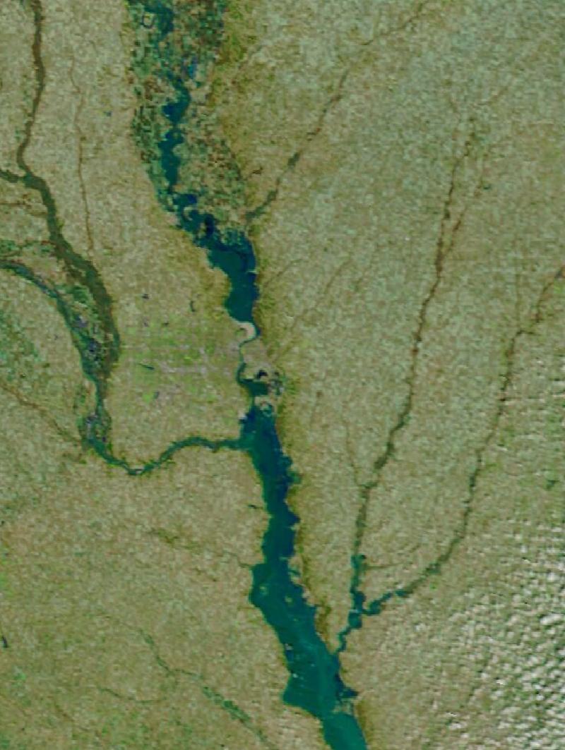 Satellite image of The Missouri and Platte rivers around Omaha, Nebraska and Iowa, United States on 20 Mar 2019, after the event.