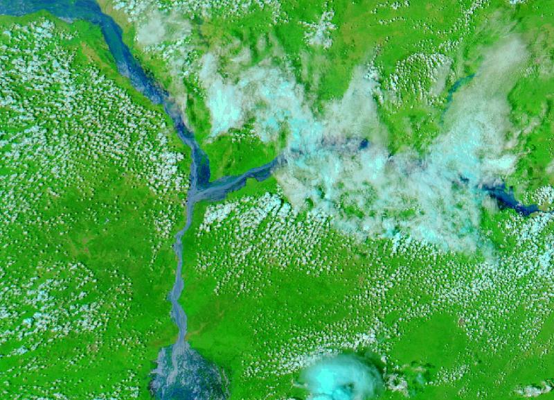 Satellite image of The confluence of the Niger and Benue at Lokoja, Kogi State, Nigeria on 5 Oct 2022, after the event.