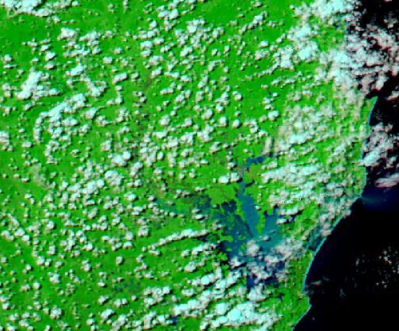 Satellite image of The river plains around Lismore, north-east New South Wales, Australia on 2 Mar 2022, after the event.