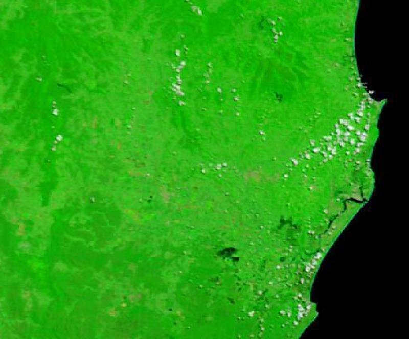 Satellite image of The river plains around Lismore, north-east New South Wales, Australia on 10 Feb 2022, before the event, in false colour (MODIS bands 7-2-1).