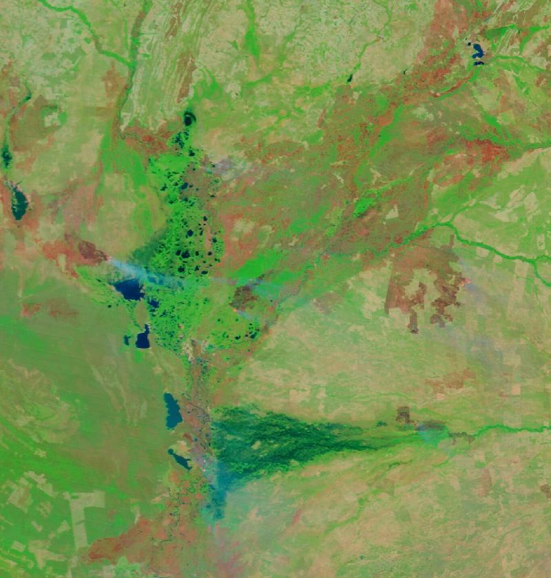 Satellite image of The northern Pantanal, Mato Grosso, Brazil on 1 Oct 2020, after the event.