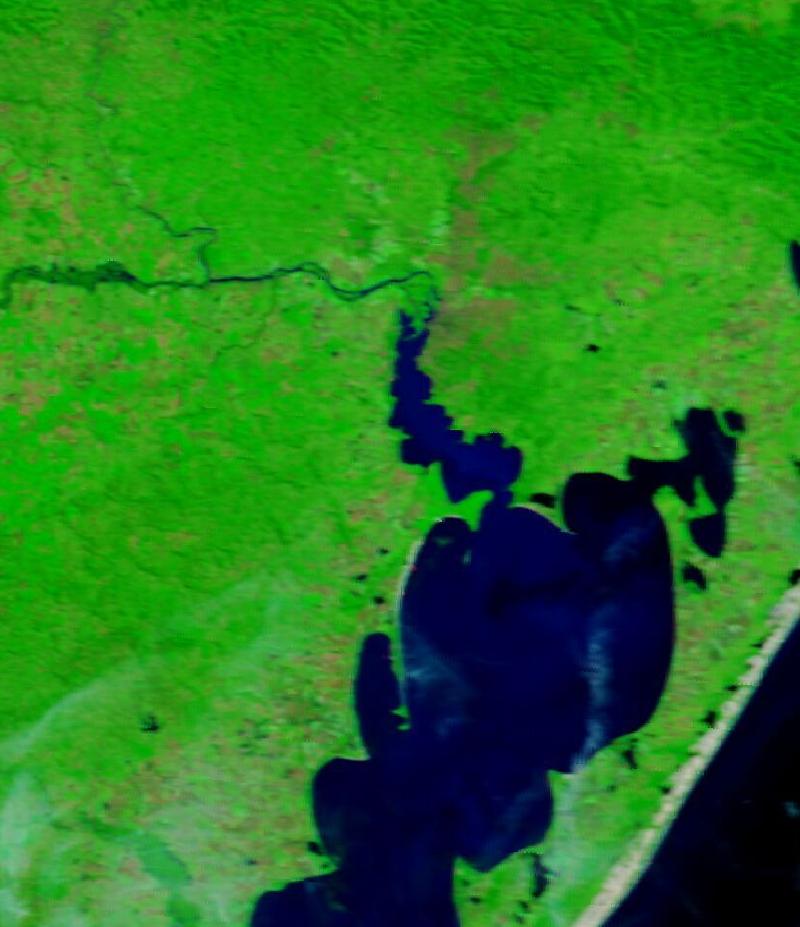 Satellite image of Porto Alegre, the Guaíba and the Patos Lagoon, Rio Grande do Sul, Brazil on 21 Apr 2024, before the event, in false colour (MODIS bands 7-2-1).