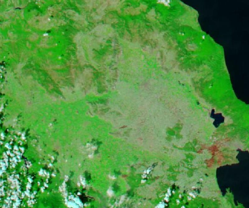 Satellite image of Thessaly plain around Larissa, central Greece on 29 Aug 2023, before the event, in false colour (MODIS bands 7-2-1).
