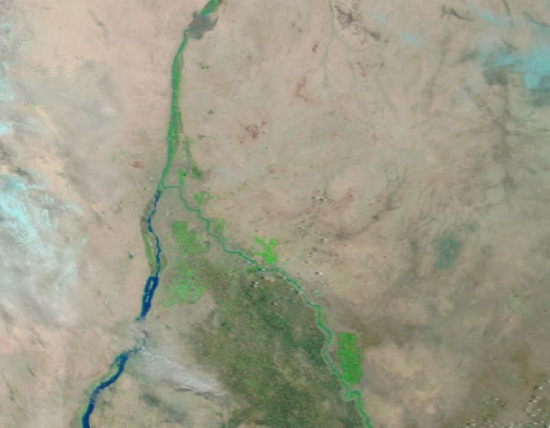 Satellite image of Khartoum, where the Blue and White Nile meet, Sudan on 20 Jul 2020, before the event, in false colour (MODIS bands 7-2-1).