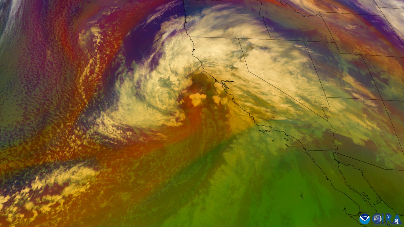 Satellite image of an atmospheric river bringing heavy rain to California, February 2024