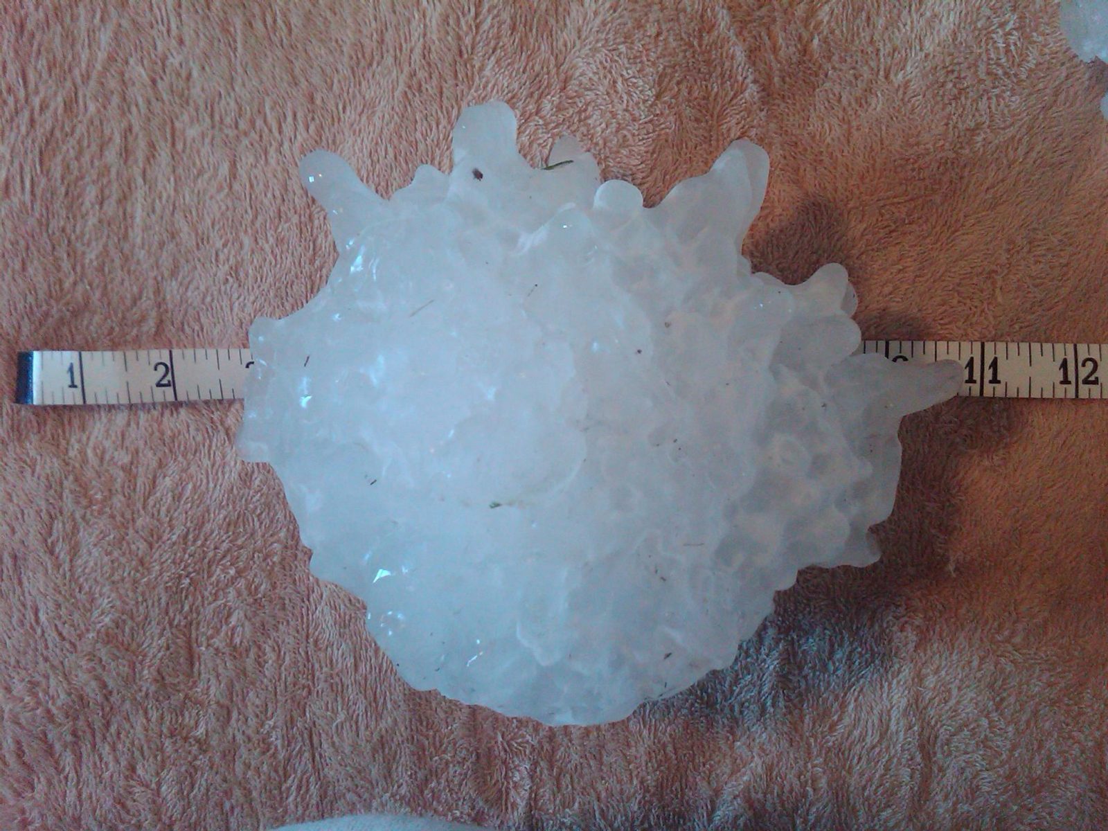 The record 8-inch-diameter hailstone that fell in Vivian, South Dakota, photographed next to a measuring tape