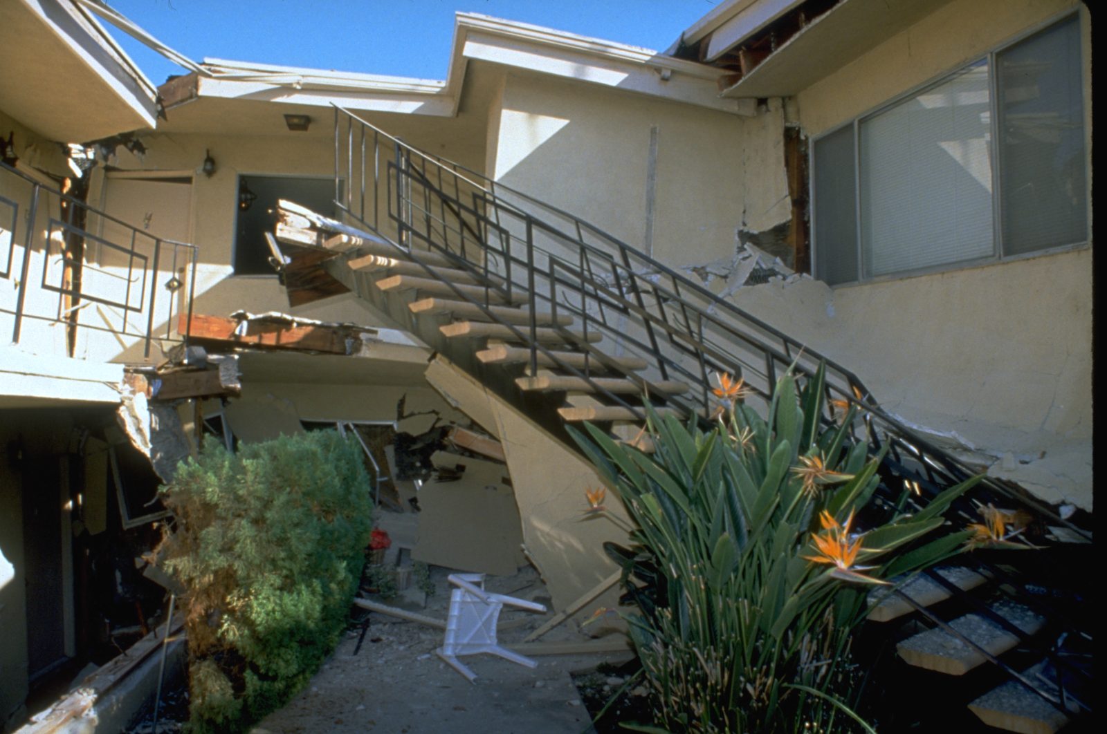 A collapsed stairway in an apartment building damaged by the 1994 Northridge earthquake in California