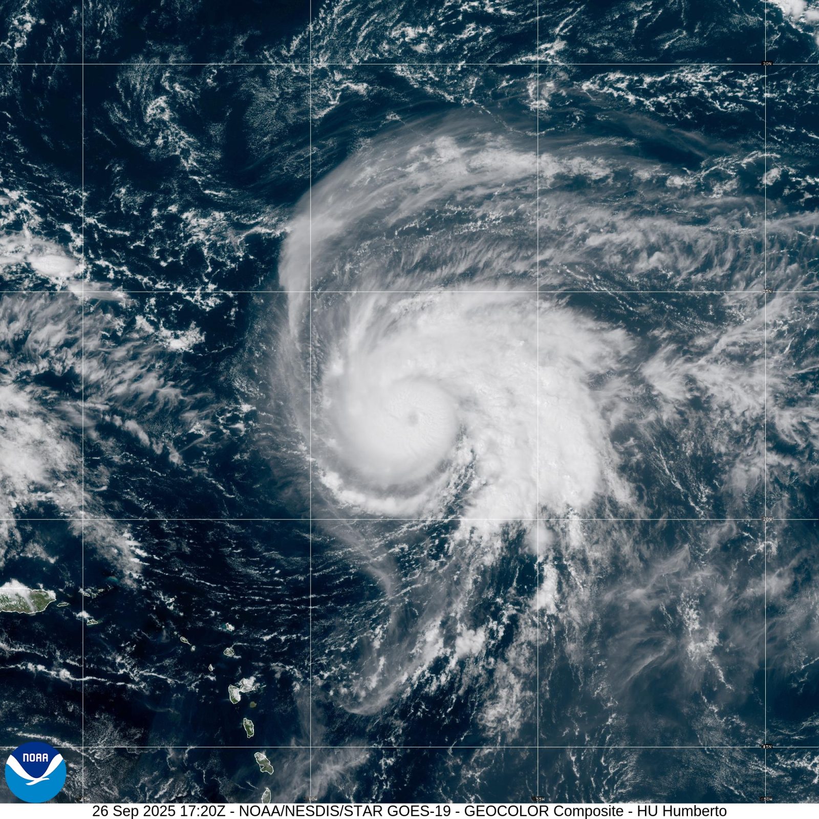 GOES-19 satellite view of Hurricane Humberto over the Atlantic on 26 September 2025