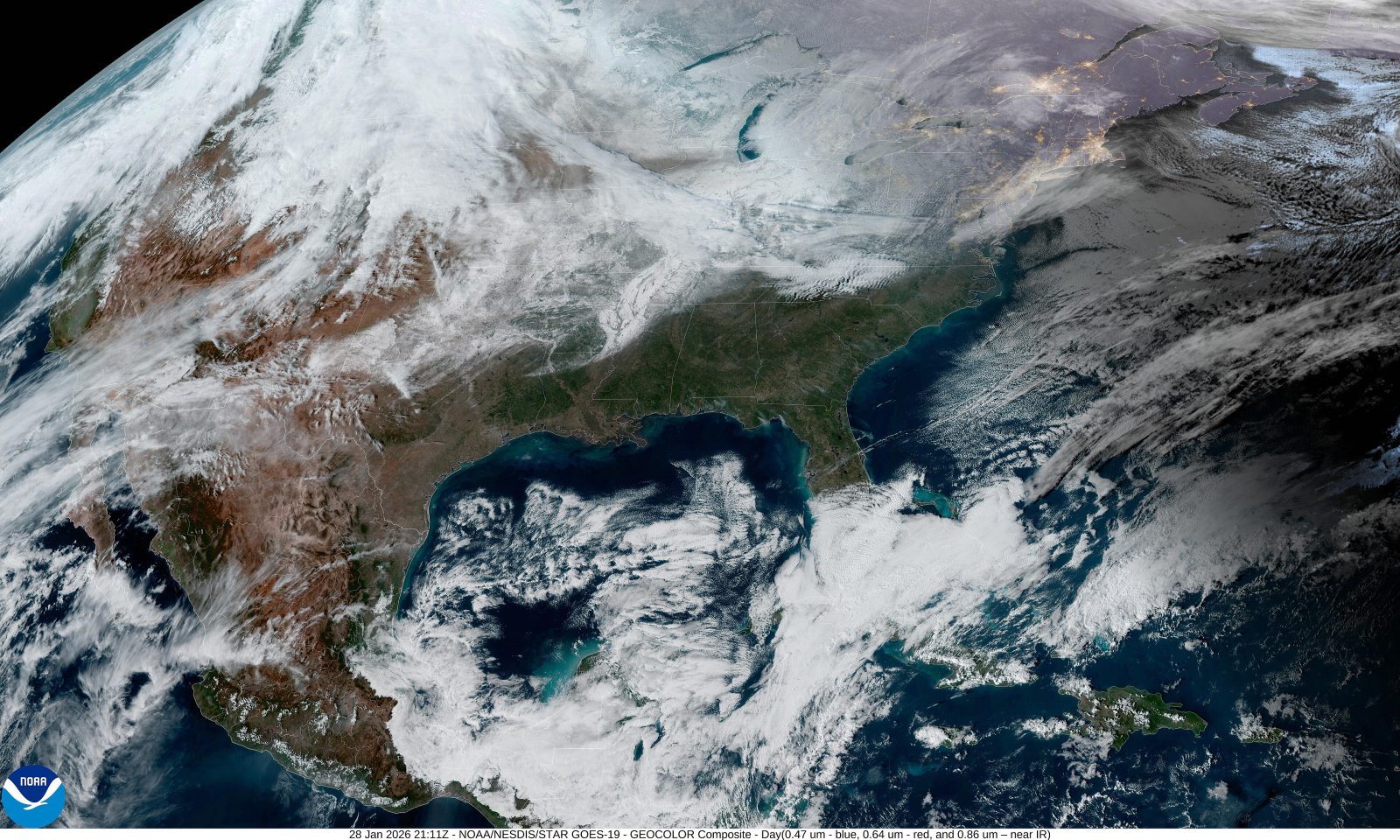 Satellite image of a winter storm covering the United States, from NOAA's GOES-19 satellite, January 2026
