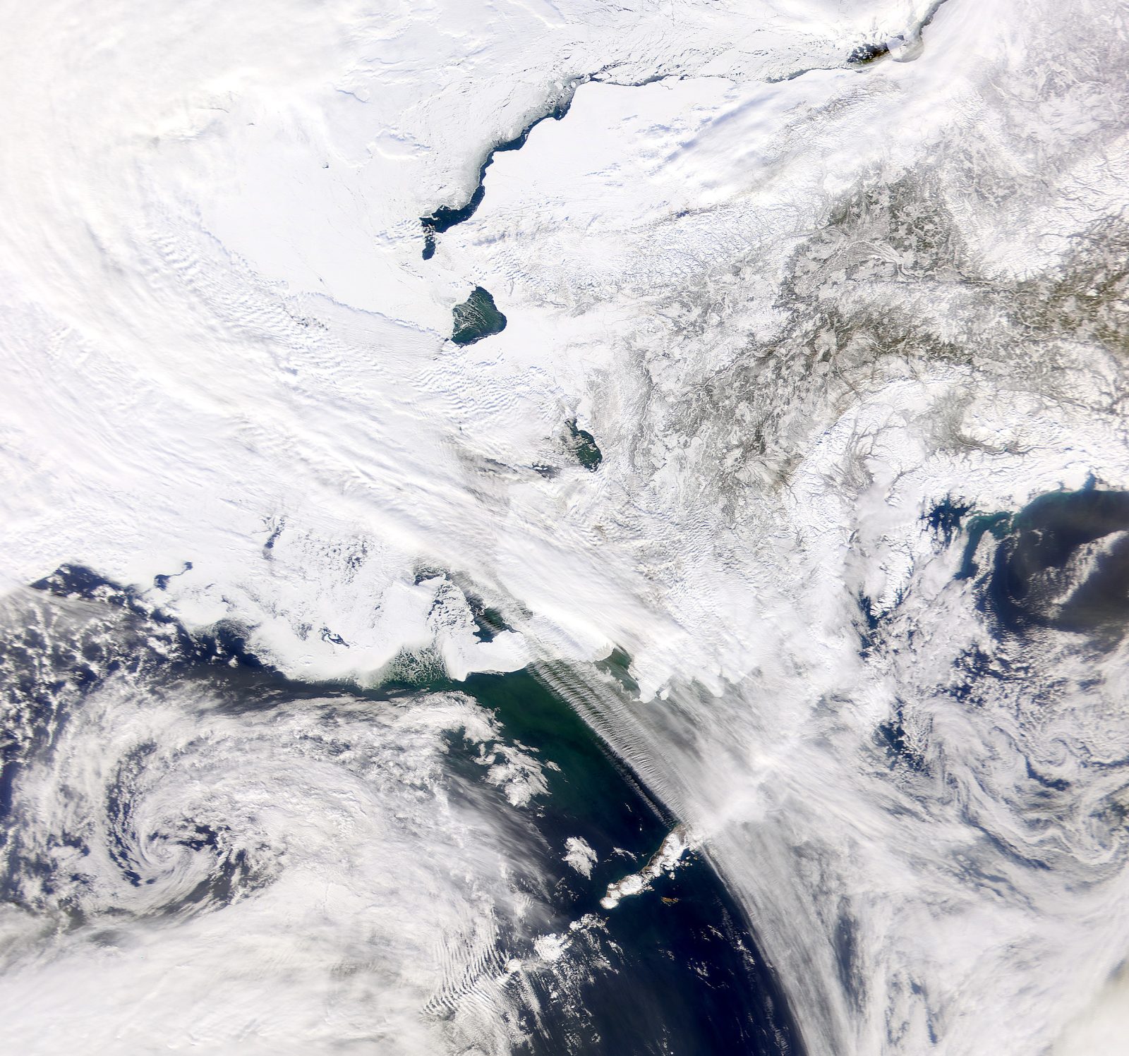 Satellite image from NASA showing snow-covered Alaska on March 18, 2002, after a winter storm that dropped snow at 2 inches per hour in Anchorage and left 28.6 inches total