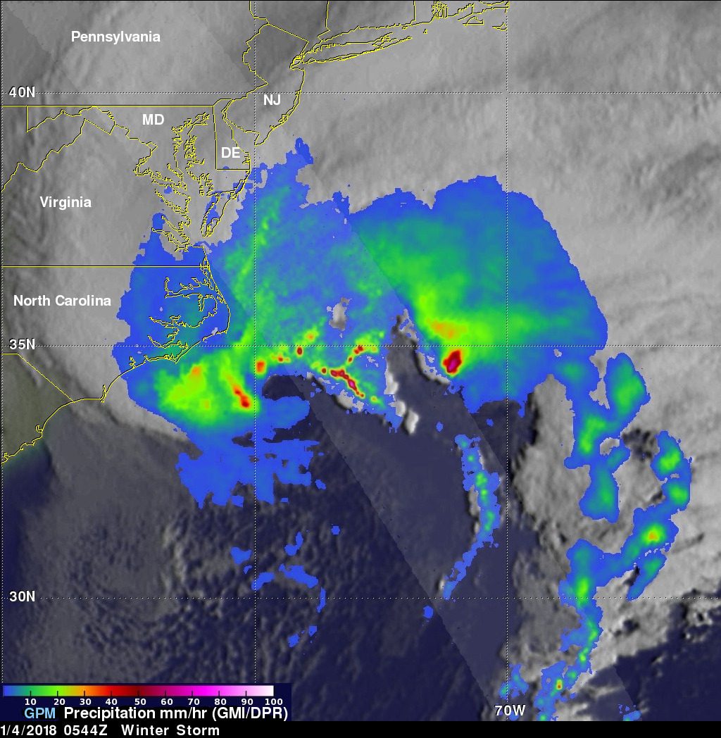 Satellite view of Winter Storm Grayson rapidly deepening off the United States East Coast on 4 January 2018