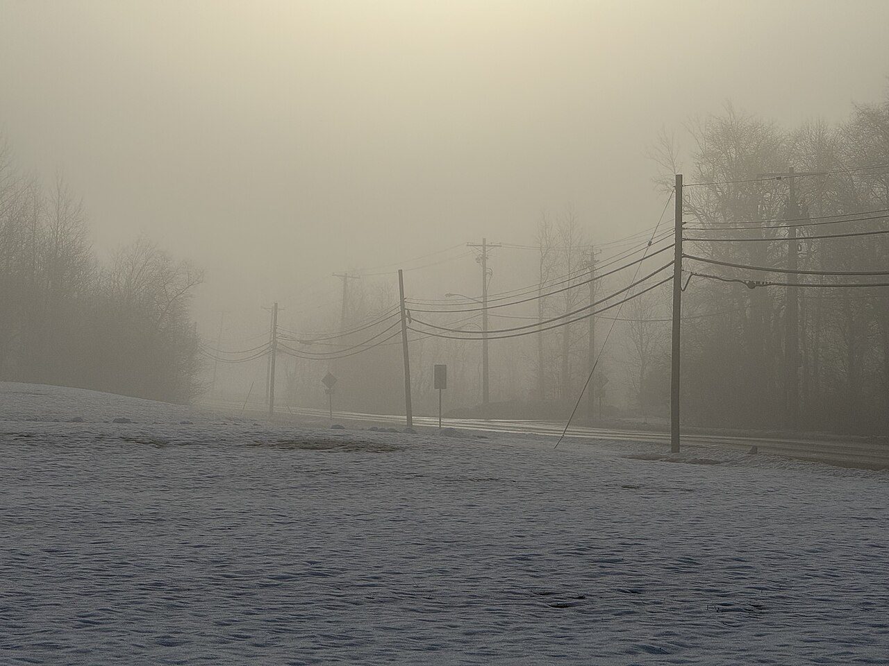 A road disappearing into thick fog on a foggy morning in Westampton Township, New Jersey
