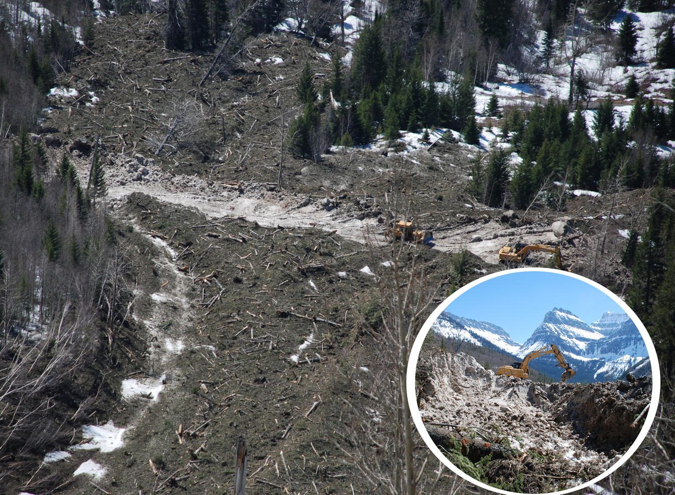 Road plows removing wet slab avalanche debris on Going to the Sun Road in Glacier National Park in 2009