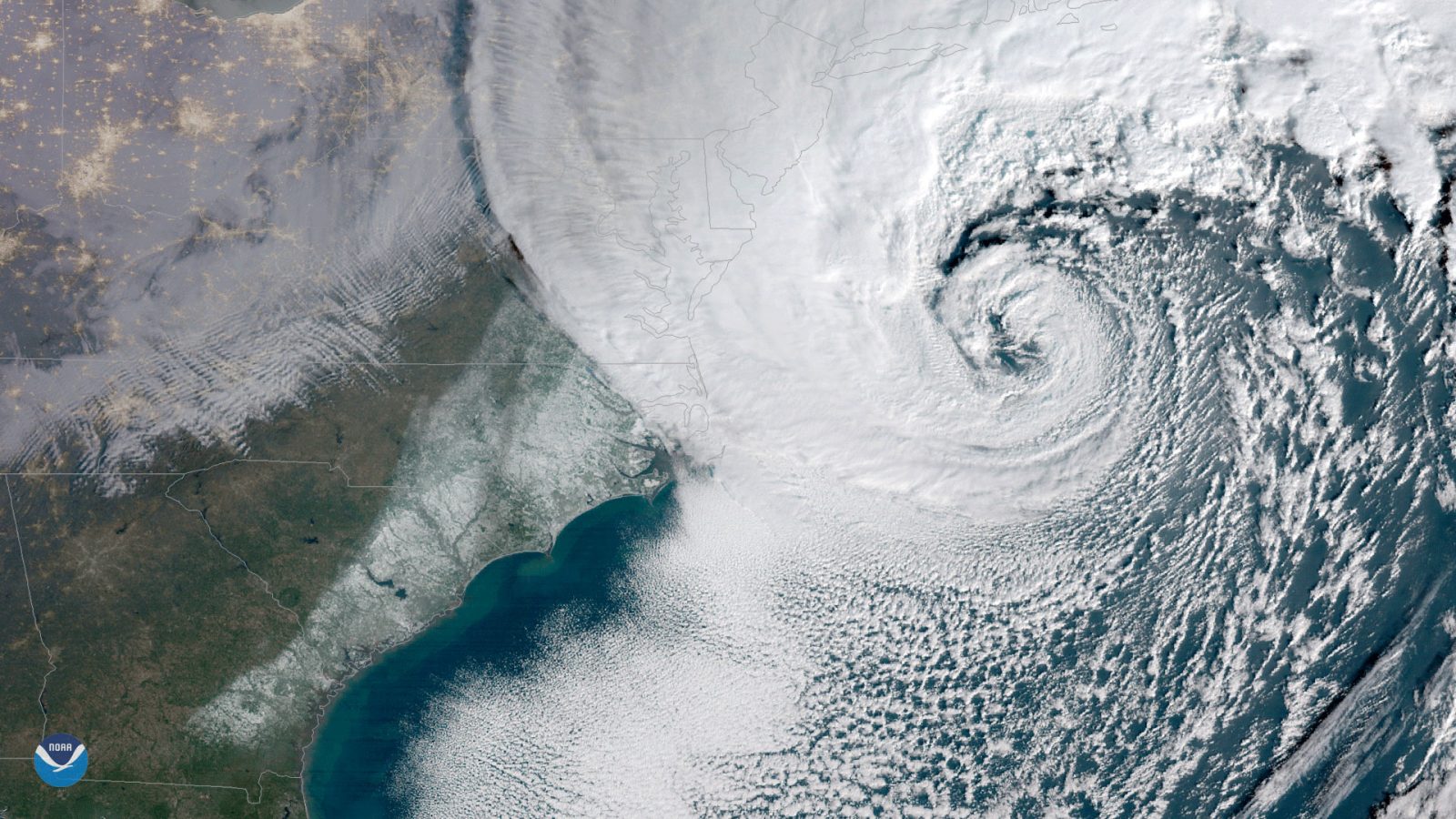 Satellite view of a powerful January 2018 nor'easter swirling off the US East Coast