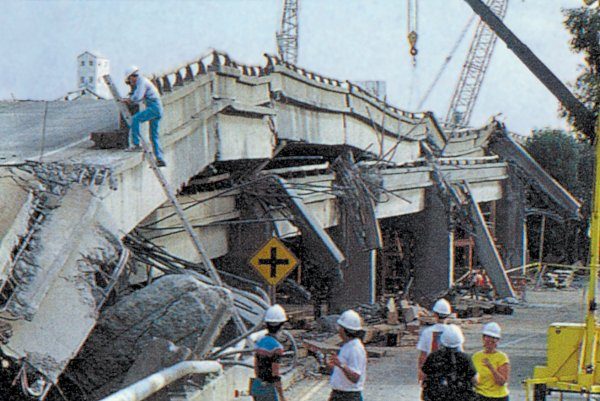 Collapsed double-decker Cypress Street Viaduct in Oakland, California, after the October 17, 1989 Loma Prieta earthquake