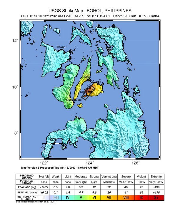 U.S. Geological Survey shaking-intensity map for the 15 October 2013 Bohol, Philippines earthquake