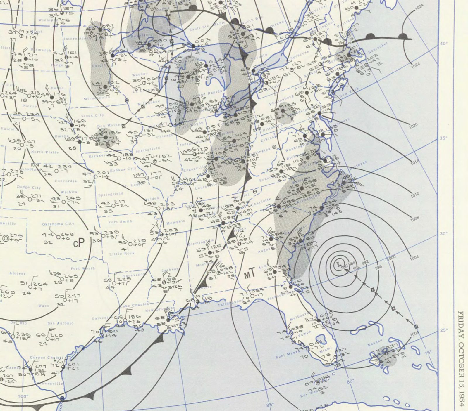 NOAA surface weather map of Hurricane Hazel near the Carolinas on 15 October 1954